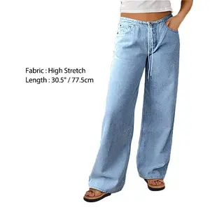 Flamingals Drawstring Adjustable Mid Waist Straight Leg Jeans