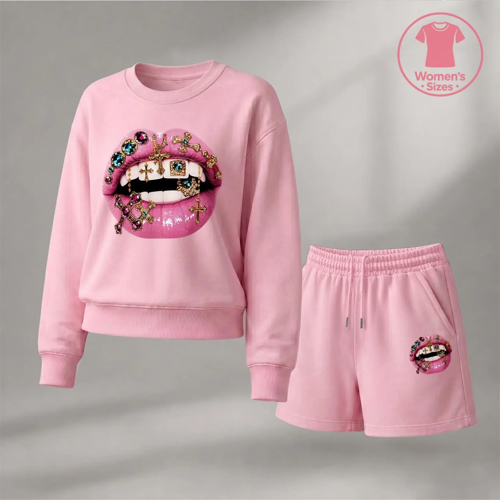 Women’s Jewelry Lips Graphic Crewneck Short Sleeve Sweatshirt & Shorts Set, Relaxed Lounge Matching Outfit With Built-In Drawstring Shorts