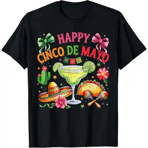 100% Cotton Unisex Short-Sleeve Casual T-Shirt with Happy Cinco de Mayo Fiesta Mexican Prints, Matching Bottoms