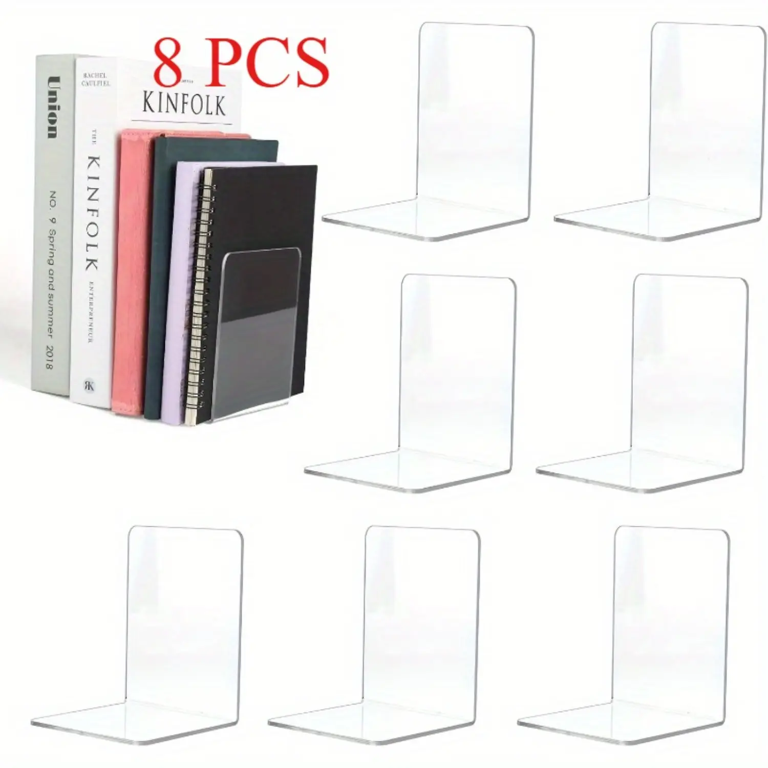 Pack of 8 Acrylic Bookends Set,Transparent L-Type Bookends,Universal Book Holder,Bookends as Stand for Offices,Libraries,Bedrooms,Halloween Christmas Party Gifts,Hand Tools Kits