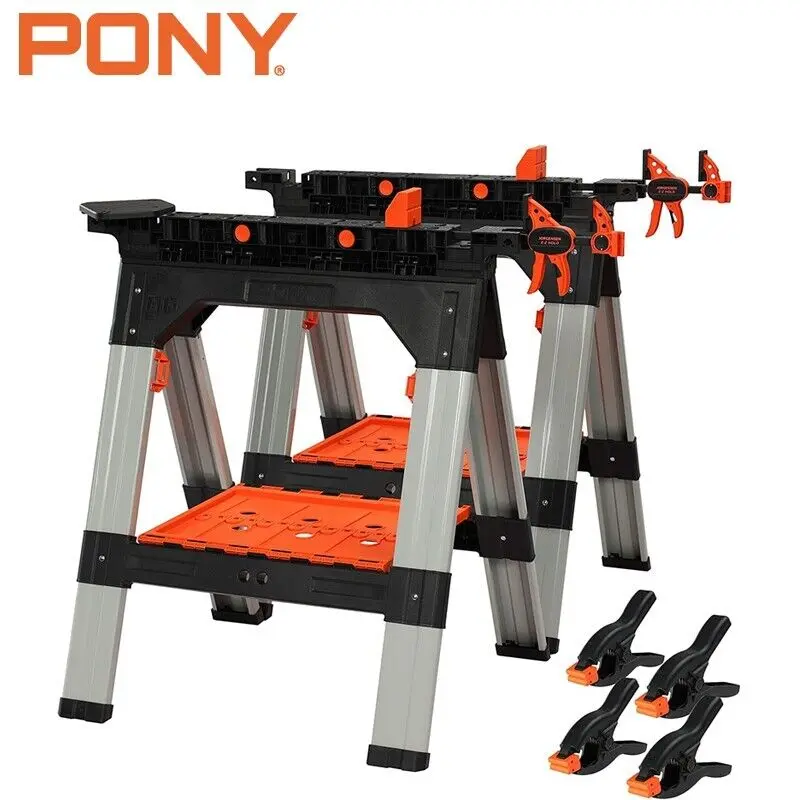 #fathersdaygift PONY 2-Pack Clamping Sawhorses, 1200 LBS Load Capacity, 30-3/4" Folding Sawhorse with 12” F Clamps, Bench Dogs, Angle Clamps, 2" Spring Clamps, Steel Legs, Heavy Duty for Woodworking