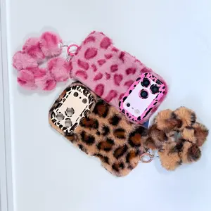 Furry Leopard Print Pom-Pom Strap Phone Case Cover Casing Multi-Color for iPhone13/14/15/16/17Pro/ProMax Hot Girl Cute-Cool Style Aesthetic Winter Fuzzy Accessory