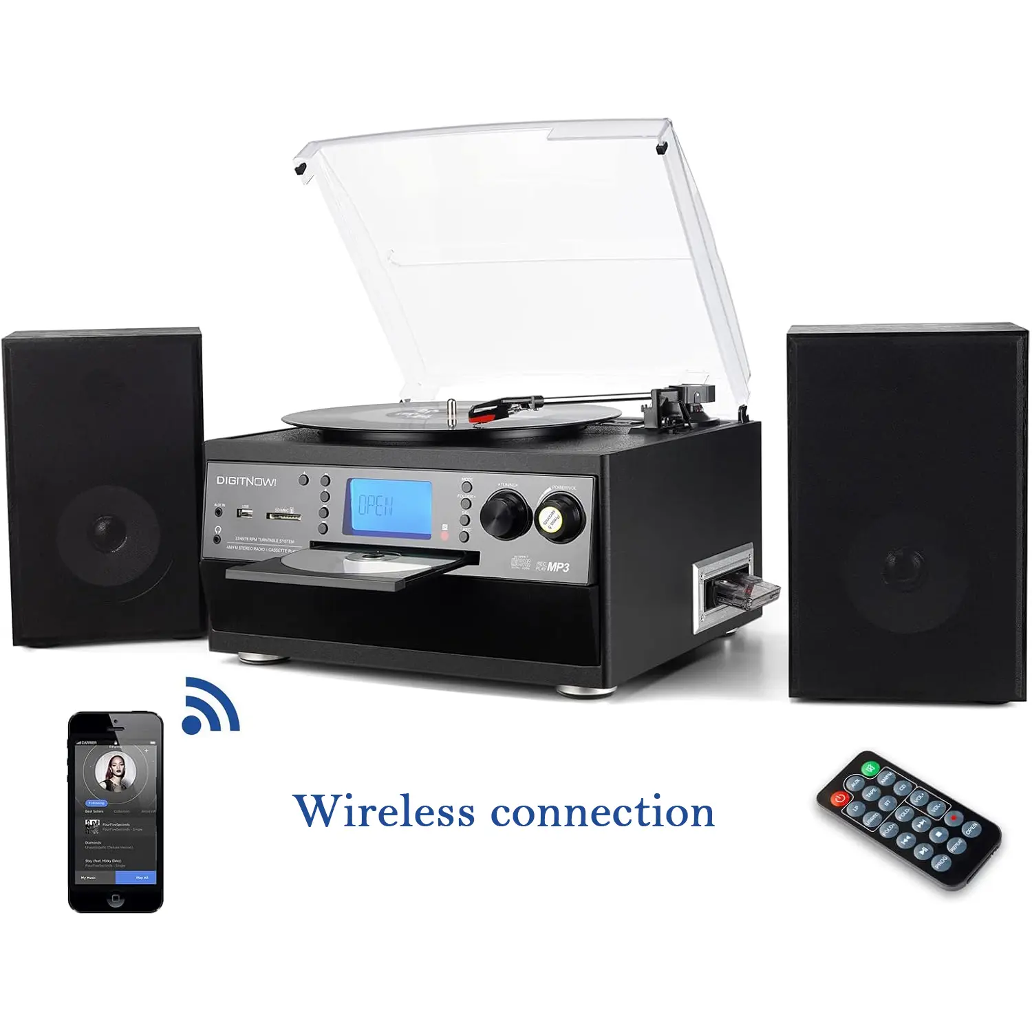 Bluetooth Viny Record Player, Turntable for CD, Cassette, AM/FM Radio, and Aux in, USB port, and SD Encoding, Remote Control, with Standalone Stereo Speakers Wireless Audio Valentine‘s Day gift