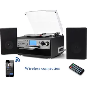 Bluetooth Viny Record Player, Turntable for CD, Cassette, AM/FM Radio, and Aux in, USB port, and SD Encoding, Remote Control, with Standalone Stereo Speakers Wireless Audio Valentine‘s Day gift