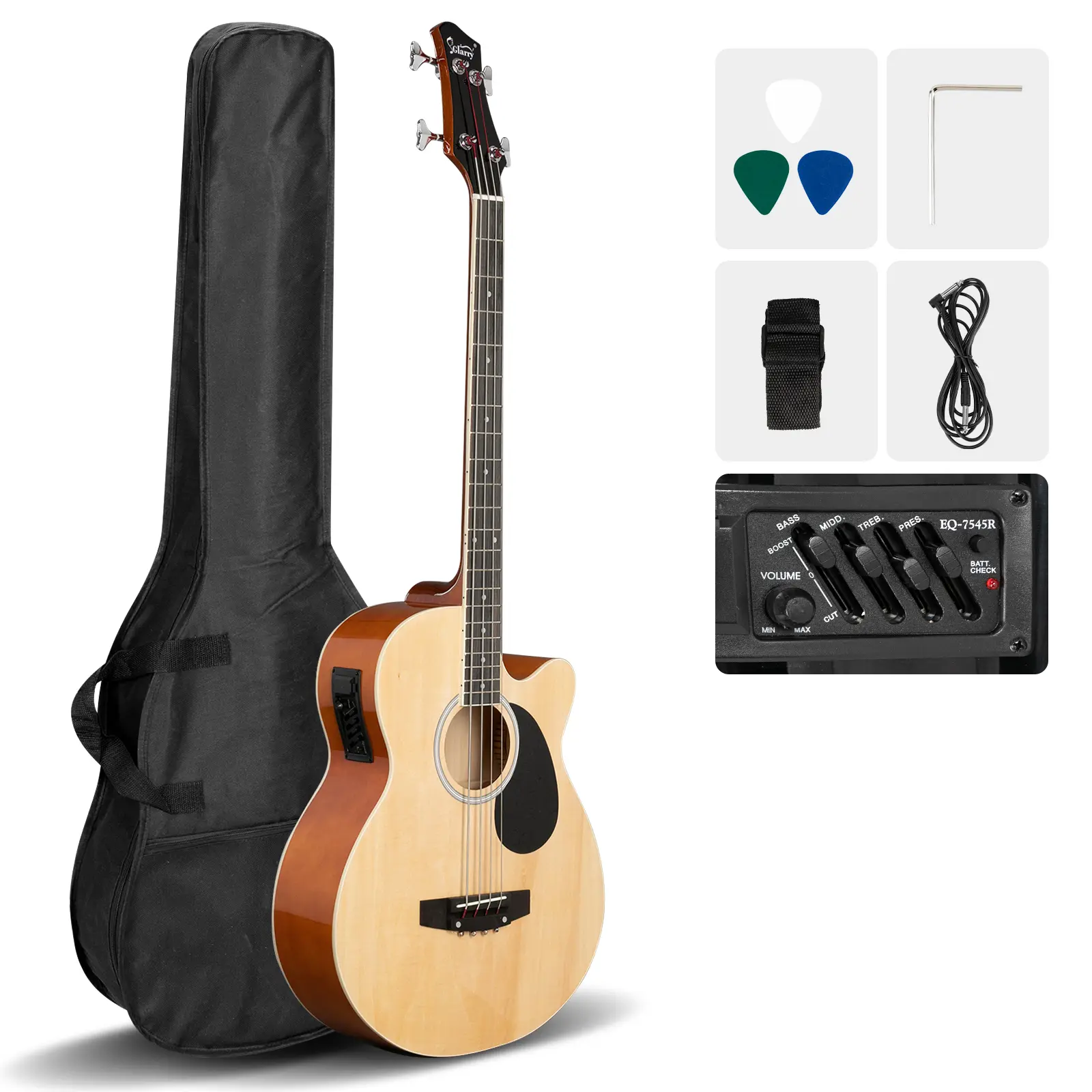 Glarry GMB101 4-String Electric Acoustic Bass Guitar with 4-Band EQ-7545R Equalizer, Burlywood Finish, Fingerboard, Bridge, Frets, Tuning Pegs, Guitar Bag, 4.8 Lb/2.2 Kg Weight, 44.5 in Length