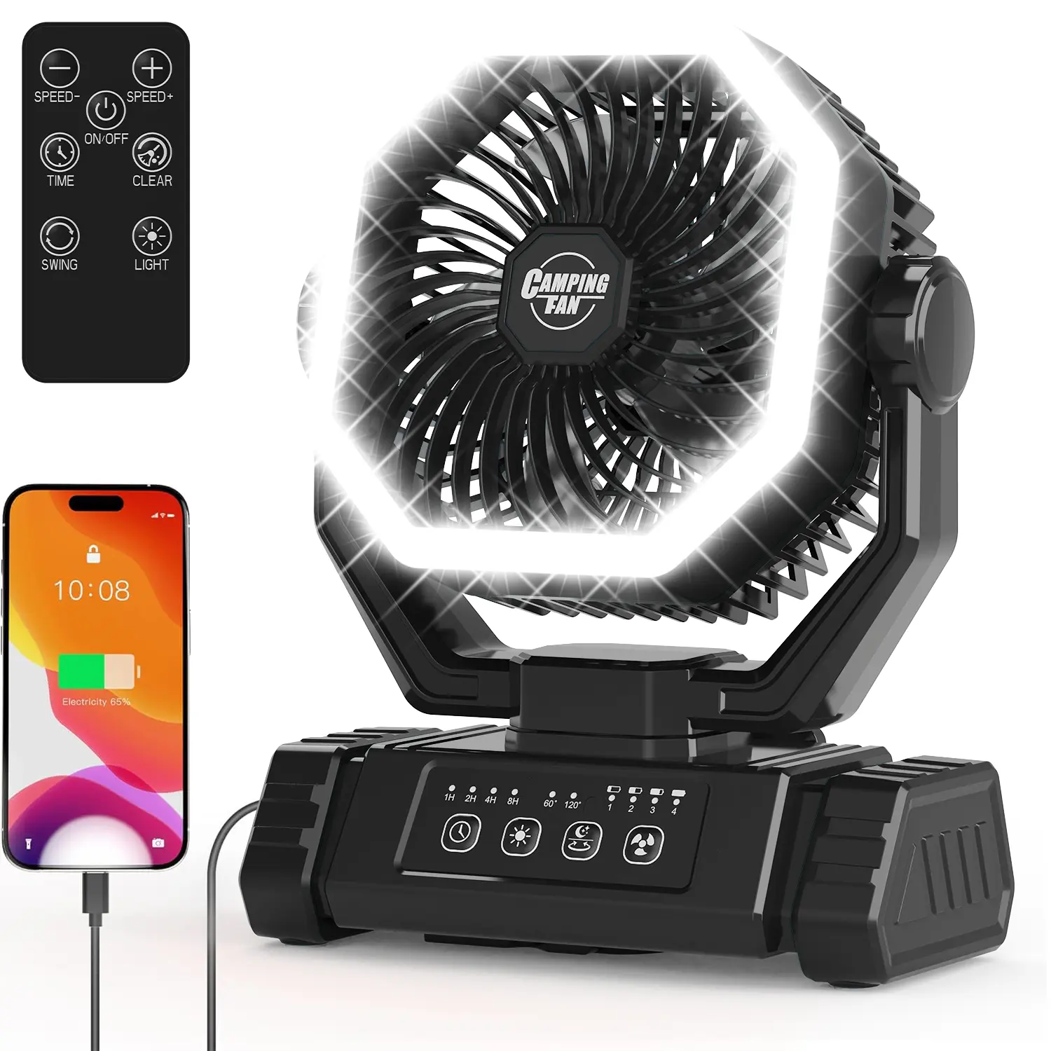 20000mAh Lithium Battery Outdoor Camping Fan with LED Light - USB Fan Light, Remote Control, Auto-Oscillating, Hook, 4 Speeds, Timer, Portable for Camping, Jobsite, Remote Control Fan