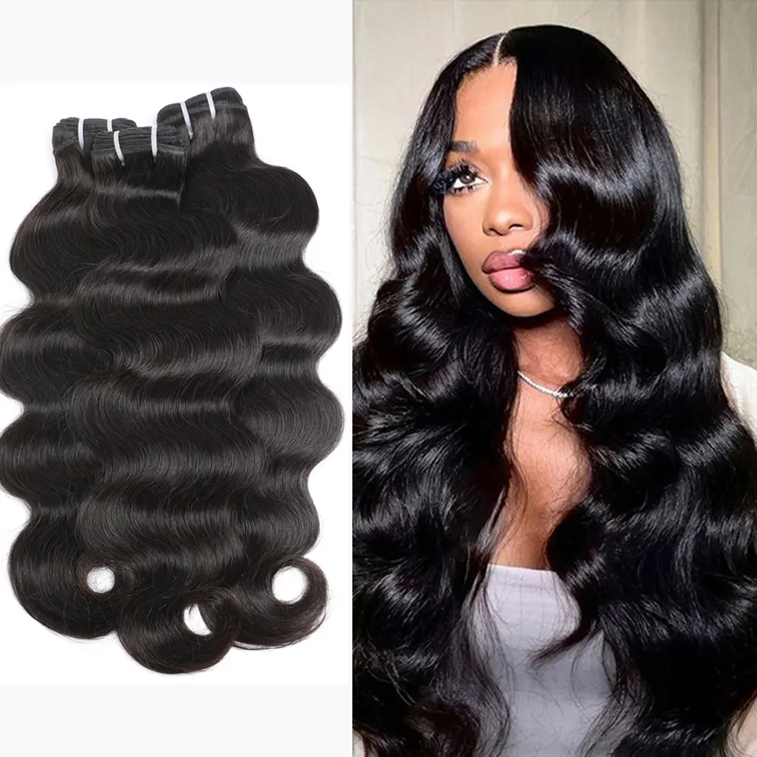 iwish Raw Indian Human Hair Bundles, 15A Wavy Body Wave Curls with Thick Ends, Anti-Tangling Double Weft Weave, 1B Natural Black, Human Hair Wavy, Natural Look, Double Machine Weft, 1 To 2 Years Lifespan, Wavy Hair Extensions