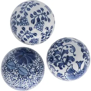 Set of 3 Blue & White Porcelain Orbs Decorative Balls Ceramic Spheres, 3 Inch Diameter, for Centerpiece Bowl, Tray or Basket Decor (A)