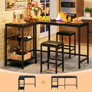Bar Table and Chairs Set for 2-4, 3-Piece Convertible L-Shaped Dining Set with Storage Shelves & Cup Holder & Wine Rack, 63'' Corner Kitchen Table Set with 2 PU Cushion Stools & Power Outlets, Black