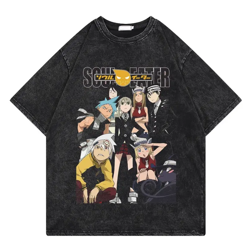 Men's Soul Eater Graphic Oversized Vintage Washed Cotton Tshirt - Distressed Crew Neck Short-Sleeve Top, Casual Streetwear, Figure-Flattering Menswear