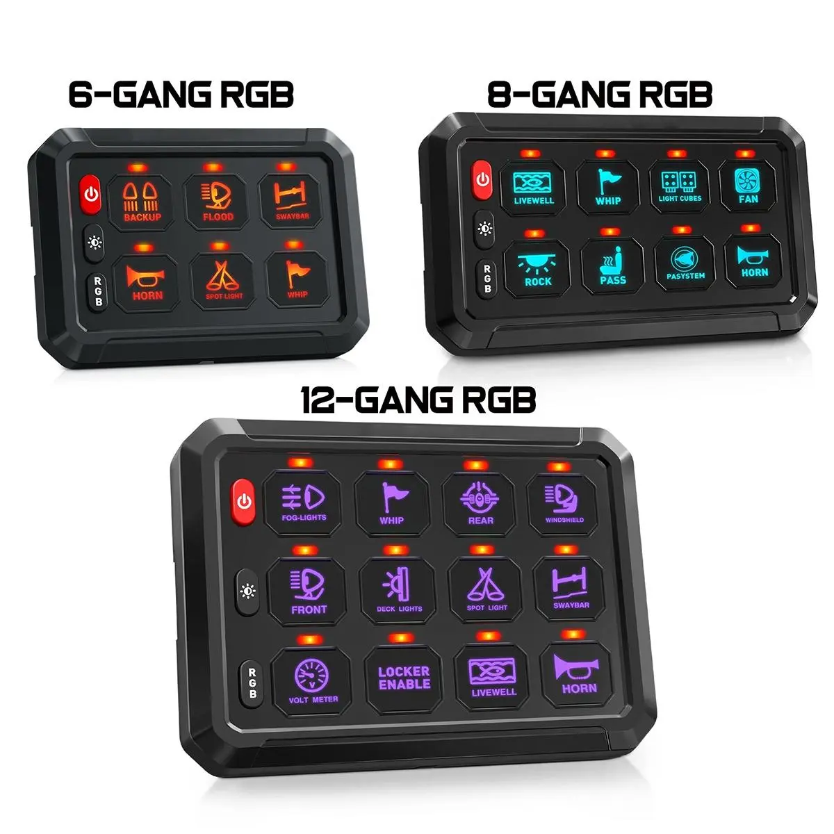 Xaeiow 6/8/12 Gang Switch Panel - Automatic Dimmable 5-Level Brightness RGB Backlight, Flash Light, Multi-Mode Universal 1440W@24V Circuit Control Relay Box Board with 140pcs Labeling Stickers for Truck, Yachts
