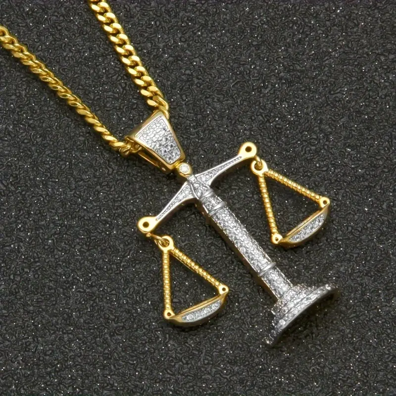 Unisex Gold-Plated Libra Scale Pendant Necklace with Sparkling CZs - 24-In Dual Chain Costume Jewelry for Party Wear