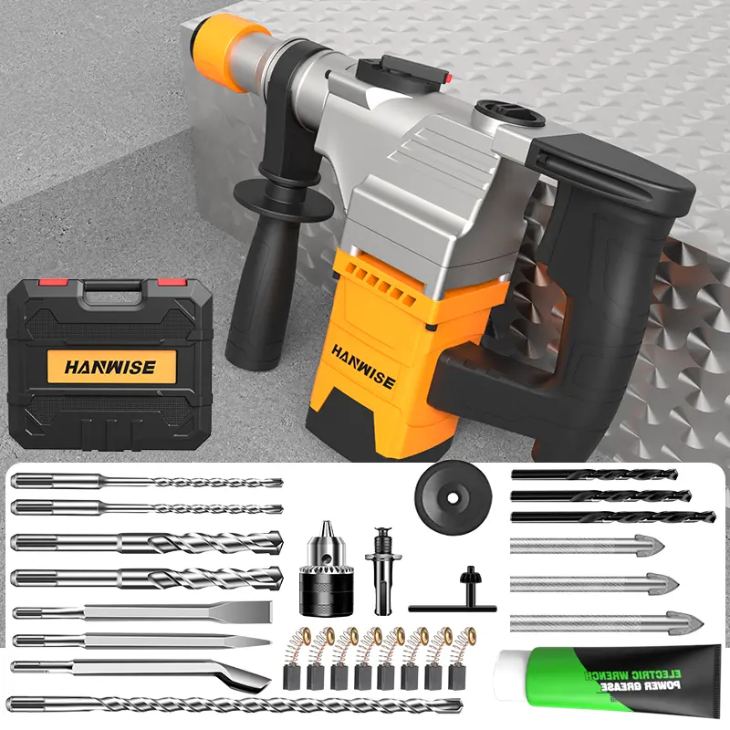 HANWISE 3-in-1 SDS Plus Rotary Hammer Drill, with Safety Clutch, 3 Functions Corded Rotomartillo for Concrete - Includes Drill Chuck, Drill Bits, Flat Chisel, Point Chisel, Carrying Case, Essential for Home Renovation