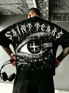 Men's Dark Academia Y2K Casual Fashion Streetwear Aesthetic T Shirt, Oversized Fit, Evil Eye with Cross Graphic Print, Vintage Washed Cotton Short Sleeve