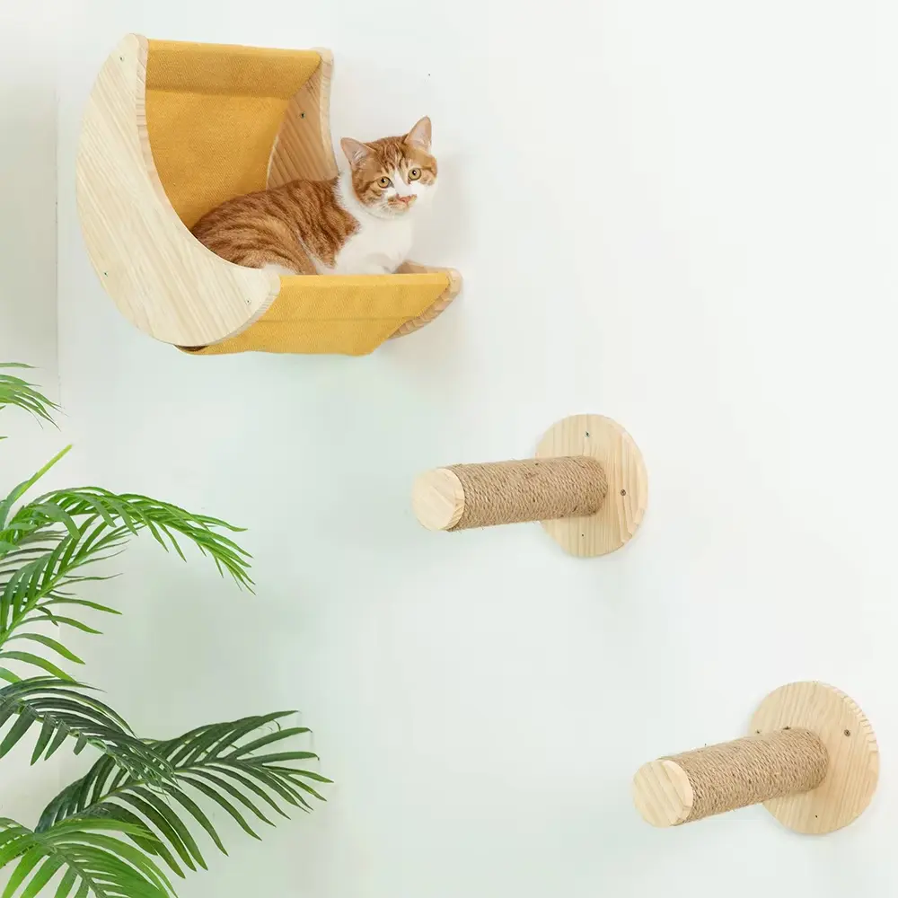 Unique Classic Eco-Friendly Cat Tree, Wall-Mounted Moon Hammock Set with 2-Level Climbing Frame, Sisal Scratching Post & Wooden Platform for Indoor Cat Nap Time & Play#SummerSale