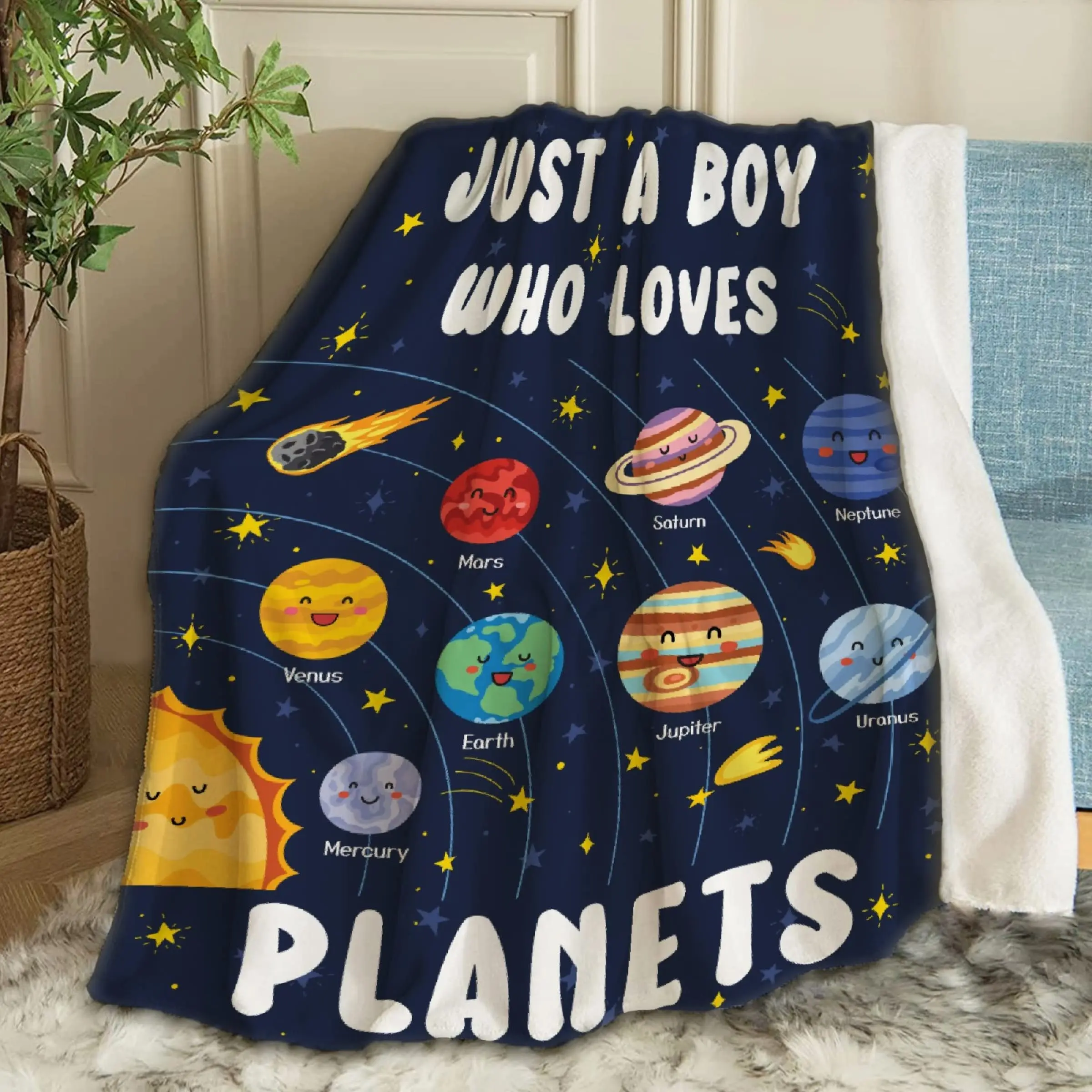 Celestial-Themed Cozy Flannel Fleece Throw Blanket - "Just A Boy Who Loves Planets Solar System Space" Letter Print, Super Soft, Wrinkle Resistant, 100% Polyester, for Teens’ Beds, Couches, 60in, Cozy Throw Blankets, 100 Polyester Blankets