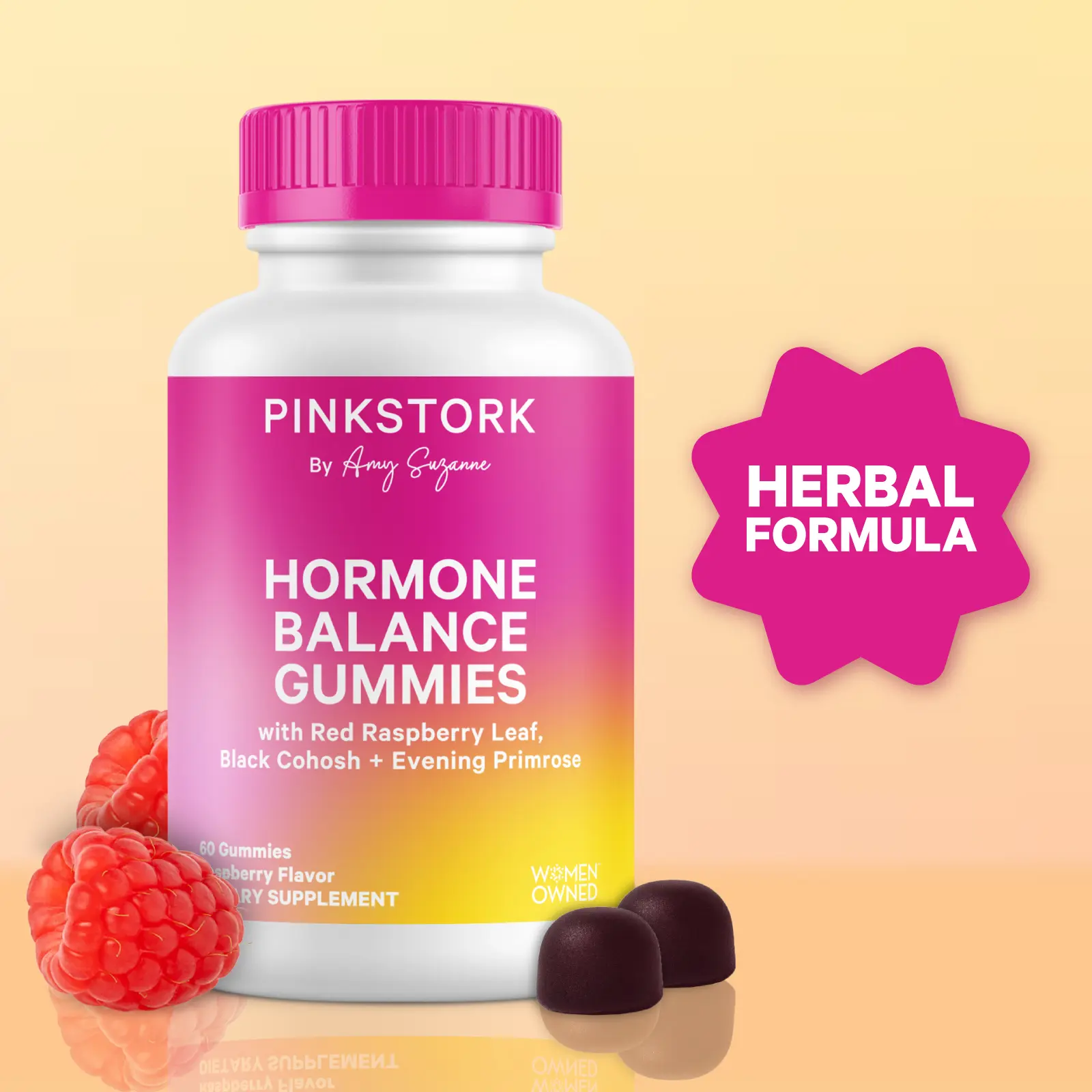 Pink Stork Hormone Balance Gummies for Women | PMS + Perimenopause | Red Raspberry Leaf, Black Cohosh, Vitamin C, Methylated Folate, Evening Primrose Oil | Vegan, Gluten-Free | Women Owned