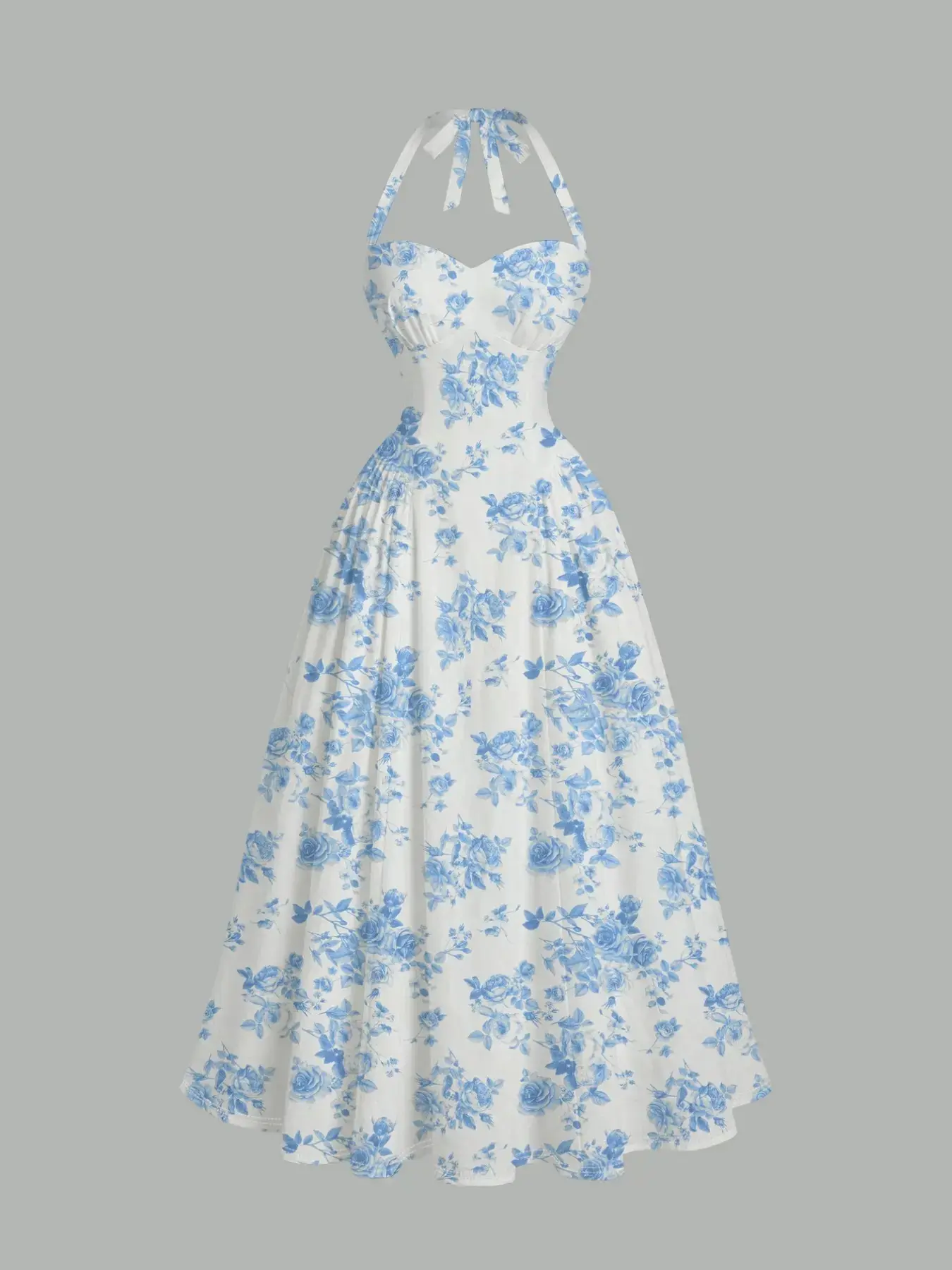 Women's Blue & White Floral Print Halter Neck Dress, Boho fashion dress, Chic, slim-fit A-line dress with fitted top and loose hem, semi-formal slip dress, soft comfortable breathable fabric, perfect for vacation brun, Summer, Casual Wear