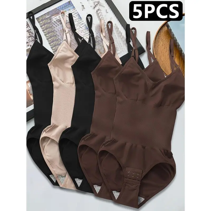 5pcs Women's Seamless Shapewear Bodysuit with Abdominal Compression & Hip Lifting - Tummy Control, No Padding, Stretchy Nylon-Spandex Blend, Black/Brown/White/Beige/Navy Blue, for Travel & Casual Attire, Comfort Undergarment|         Closefitting Sha