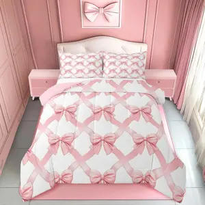 Coquette Bows Comforter Set,Golden Pink White Bows Comforter,Watercolor Bow Bedding Set,Cute Bowknot Duvet Set,Room Decor Bedroom Home Decor Quilt Set