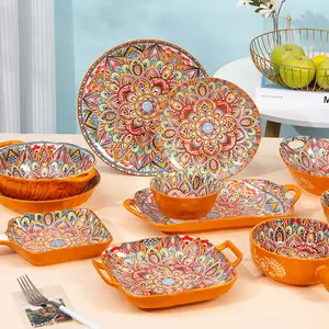 Boho Style Ceramic Dinnerware Set, 4 Counts Creative Floral Pattern Dinner Plate & Bowl & Saucer & Plate, Household Tableware Set for Home Kitchen Dining Room