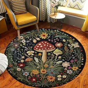 Round Mushroom Pattern Carpet, Soft Non-Shedding Home Decor Rug, Living Room Sofa Mat, Bedroom Bedside Blanket, Round Floral Rug, Multiple Sizes Available