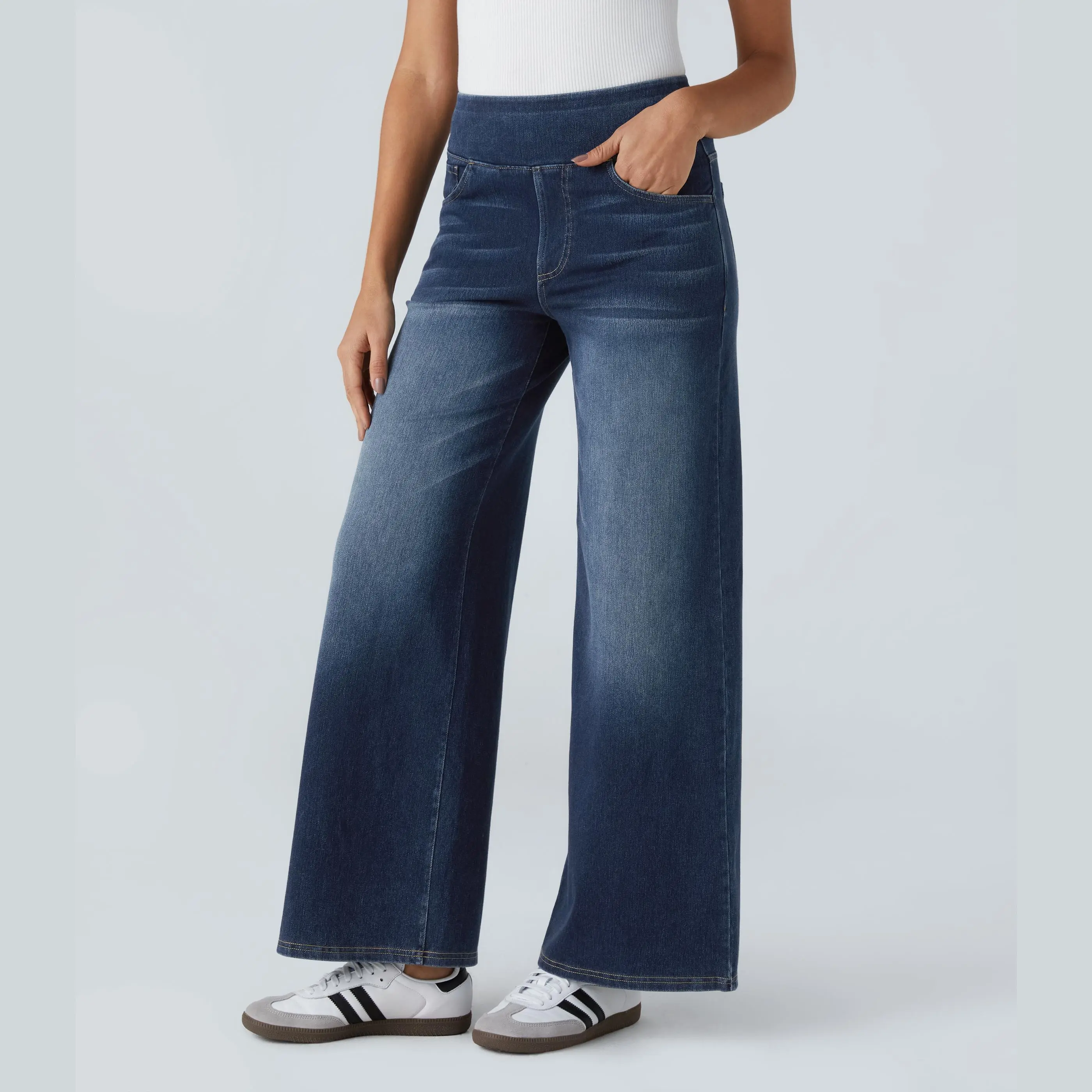 Women's Cotton Denim Trousers, Washed High Waist Wide-Leg Streetwear Style with Elastane, Zipperless Pull-On with Pockets, Basic, Pants, Four-Way Stretch