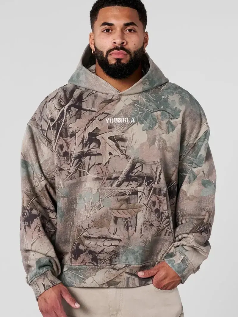 Youngla Tree Camo Pullover Hoodie – Vintage Hip Hop Streetwear Sweatshirt, Y2K Woodland Camo Graphic Hooded Top, Retro Casual Unisex Fashion for Men Women, Outdoor Fall Winter Outfit, Gift