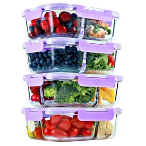 2 & 3 Compartment Glass Meal Prep Containers with LAVENDER Lids (4 Pack, 32 oz)