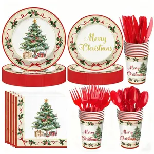 80pcs Christmas Party Dinnerware Set, Festival Party Tableware, Includes Tree Plates & Napkins, Winter Holiday Decorations, Perfect for 10 Guests