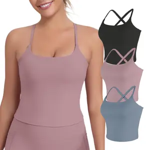 【LOCAL SHIPPING】2026 New Adjustable Straps Built-in Bra Tank Top - Criss Cross VS Spaghetti Thin Straps & Scoop Neck, Slim Cute Buttery Soft Thicker Fabric Longline Sports Bra with Built-in One-Piece Bra Pads Yoga Wear Fitness Yoga Gym Activewear