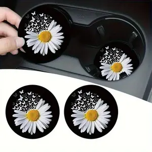 Set of 2 Cute Silicone Daisy Flower Car Cup Holder Coasters, Anti-Slip Grip Silicone Mats, Automotive Interior Accessory for Home Desk Use