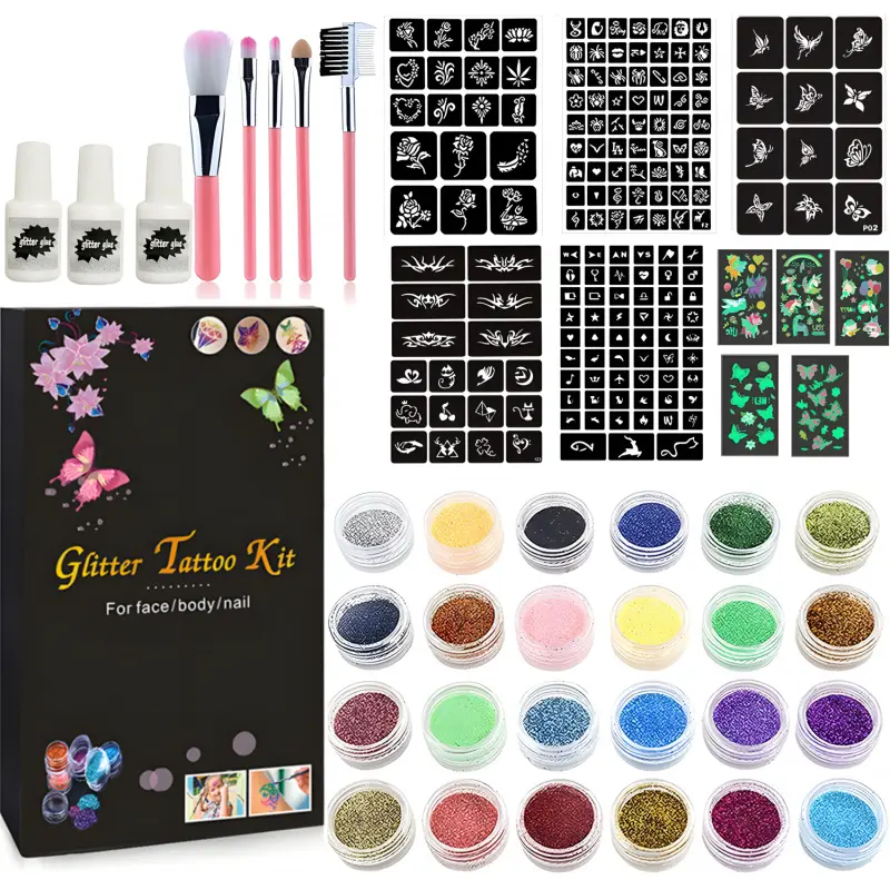 Temporary Glitter Tattoo Kit, 24 Glitter Colors Glitter Tattoo Kit,With Unique Stencils,Glue,Brushes,Stickers, Glitter Tattoos,Body Art,Adults,Boys Girls Birthday Party,Christmas gift