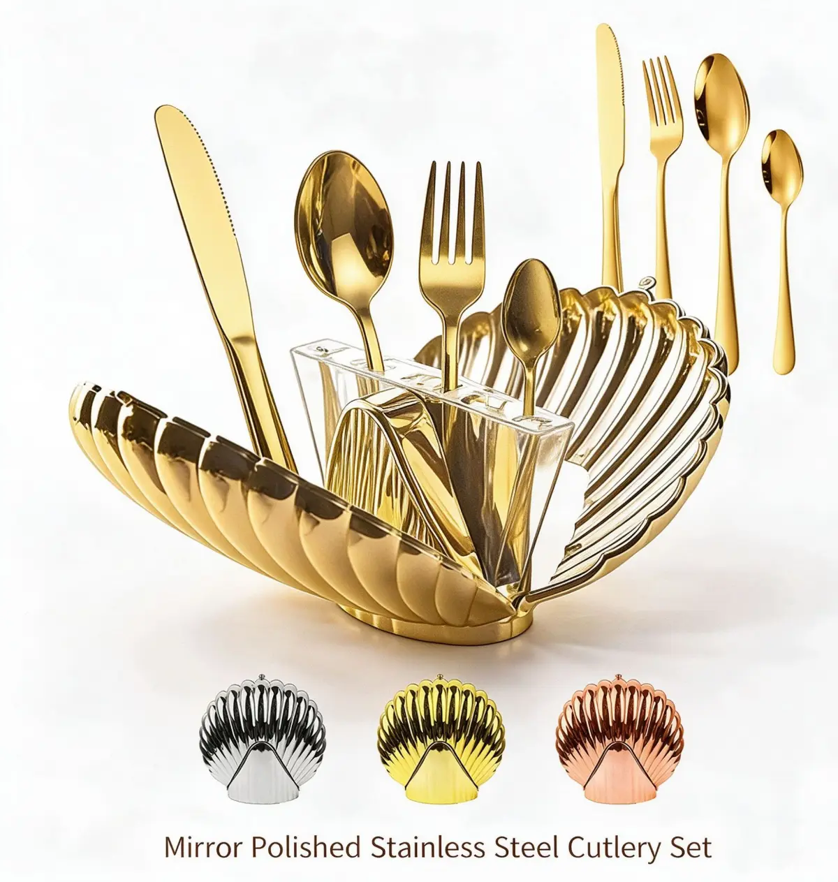 Stainless Steel 24-Piece Western Cutlery Gift Set, Including Knife, Fork, Spoon, Shell Storage Rack, Gift Box, for Home & Restaurant Tableware Decor, 24 Pieces