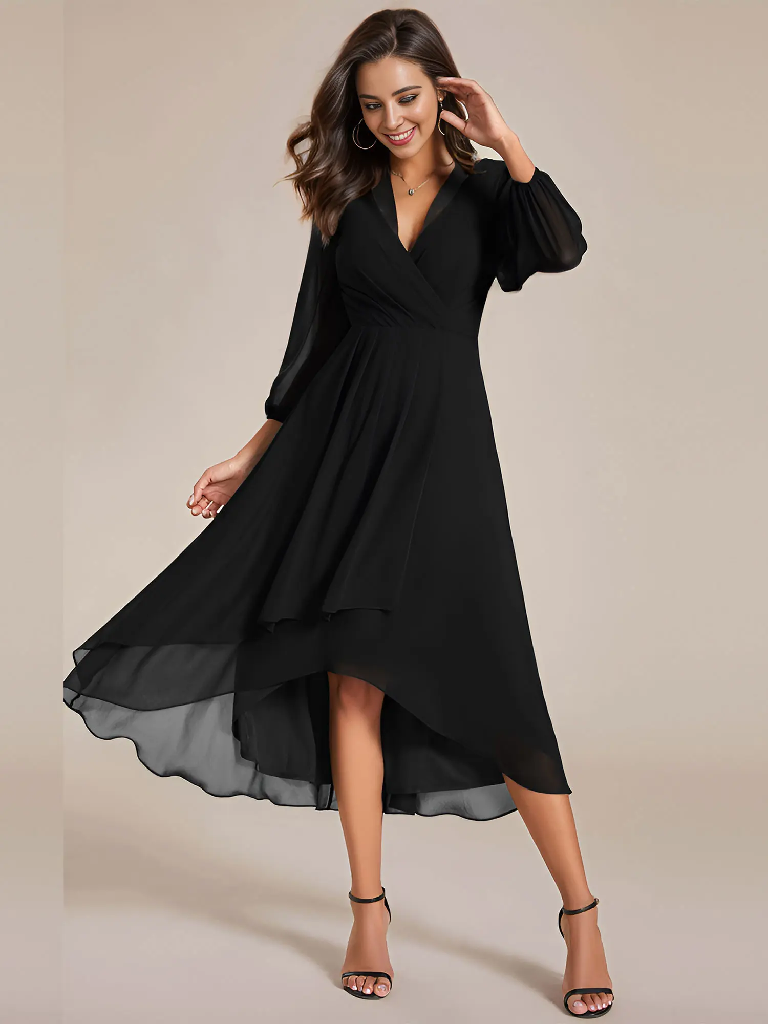 Ever-Pretty Spring  dress,Long Sleeves Elegant & Flattering Chiffon Midi Dress with Deep V-Neck, Puff Sleeves and Asymmetrical Hem – Size Inclusive for Special Occasions ,Wedding Guest Dress ,Fall wedding dress,Holiday dress 01926