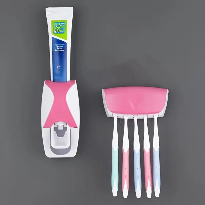 5-Toothbrush Holder with Toothpaste Dispenser - No Drill Wall Mount, Push-Button Squeeze Design, ABS Plastic (Holds 5 Brushes, Space Saver)