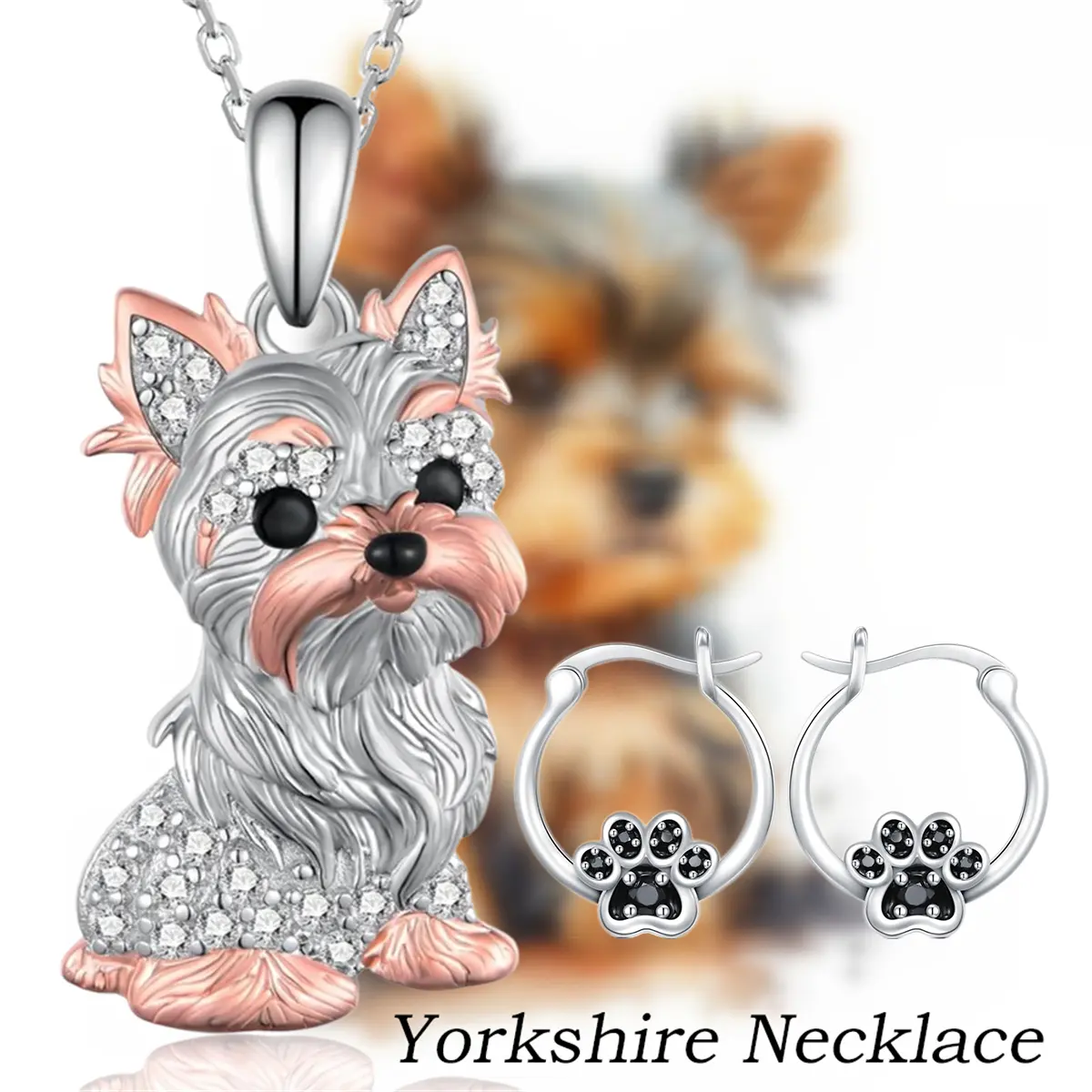 Unisex 3-Pcs Cute Yorkshire Yorkie Dog Paw Sparkling Alloy Pendant Necklace & Earrings Jewelry Set - Canine Motif Animals Fashion Accessories, Elegant Pet Lover Gift for Birthday, Christmas, Unisex Set, Daily, Everyday, Hook Earrings, Adorable Canine Insp