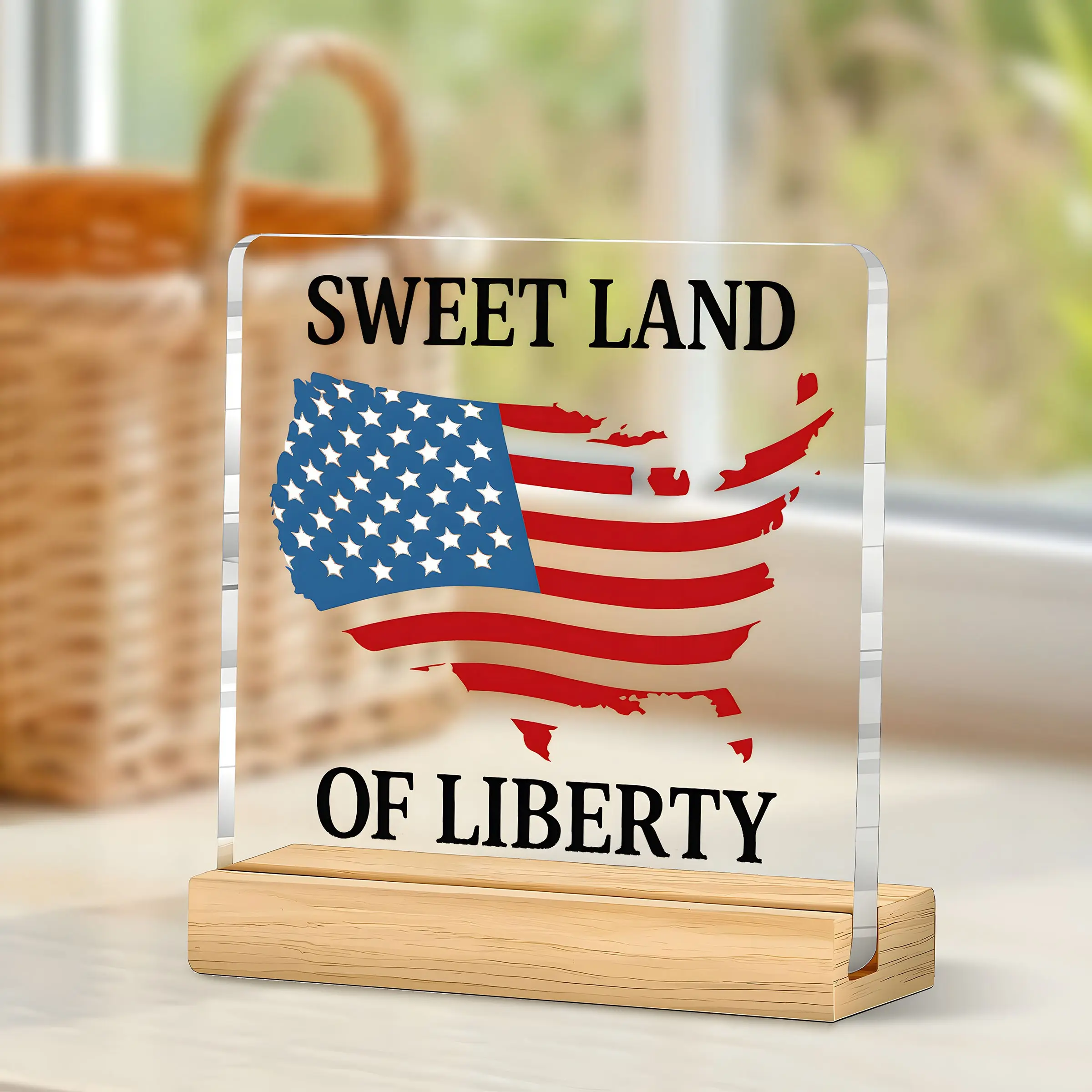 Patriotic Acrylic Desk Decor, Independence Day Usa Map Flag Print, Transparent Acrylic Sign for Home Office Living Room, 2D Flat Design