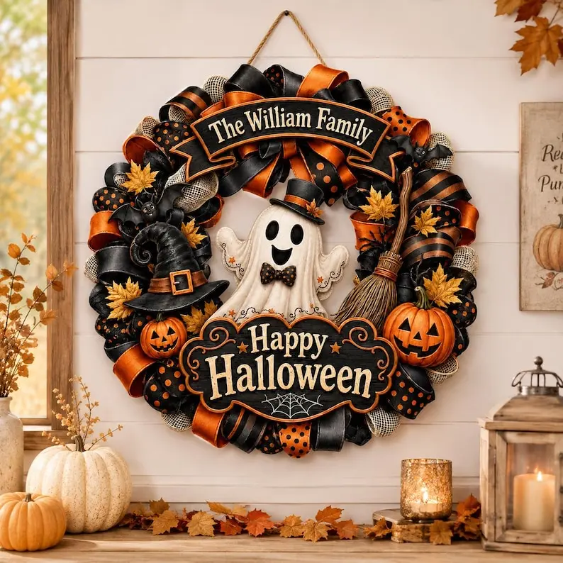 Personalized Halloween Wreath Wooden Door Sign, Custom Family Name Ghost Door Hanger, Happy Halloween Front Door Decor, Pumpkin Fall Wreath