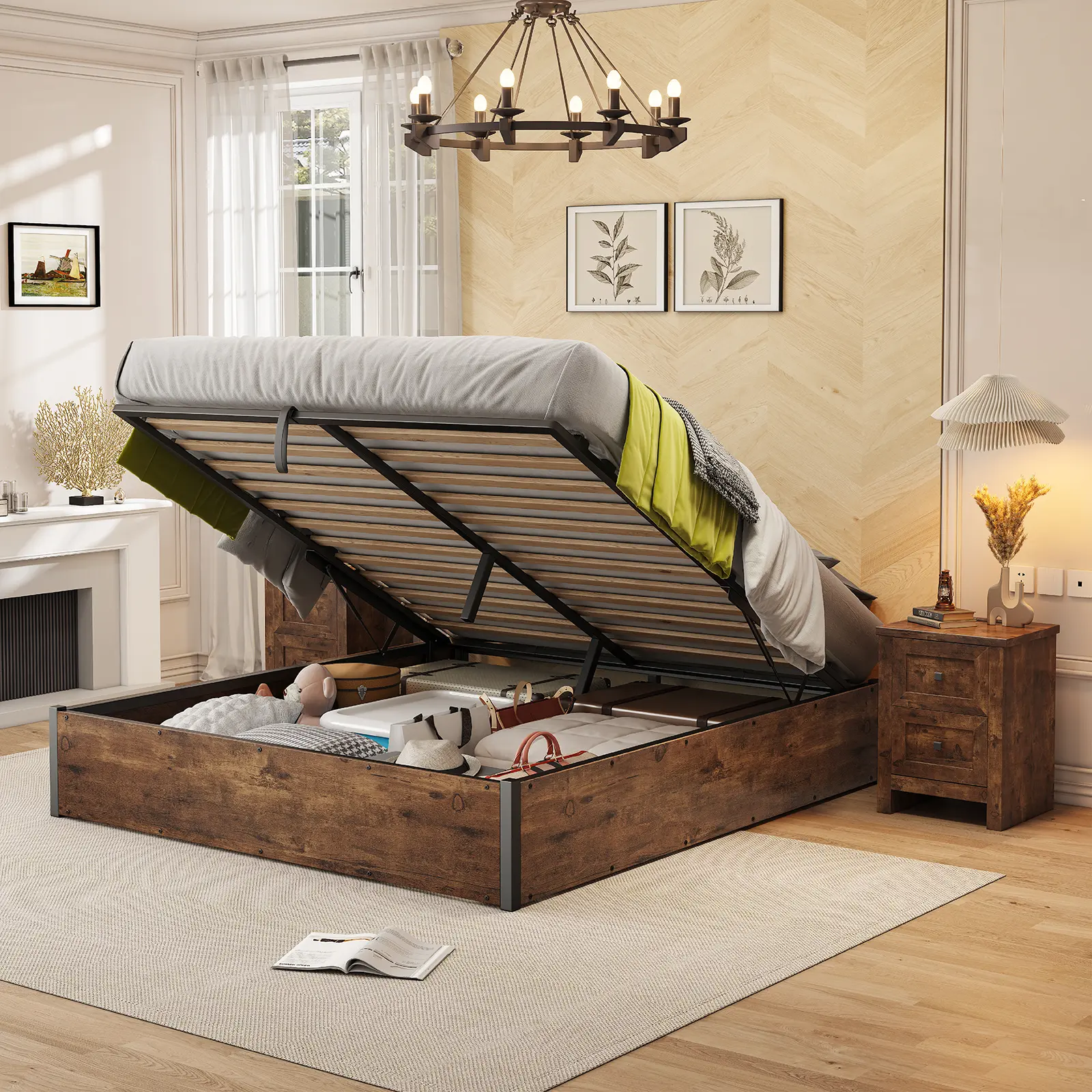 [Summerwins] [SummerFinds] AMERLIFE Lift Up Storage Bed, Full Bed Frame with Storage Underneath, Wooden Platform Bed Frame, Solid Wood Slats Support, No Fixed Headboard Furniture Home/Best Gift Ideas/Christmas Gifts