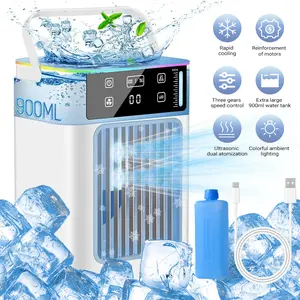 【FathersDayGift】Desktop Tower Fan with Dual Mist Humidifier, Portable Mini Air Conditioner Fan, 3 Wind Speeds, USB Powered, 900ml Water Tank, Ice Box, for Office/Bedroom/DormSummerVibes