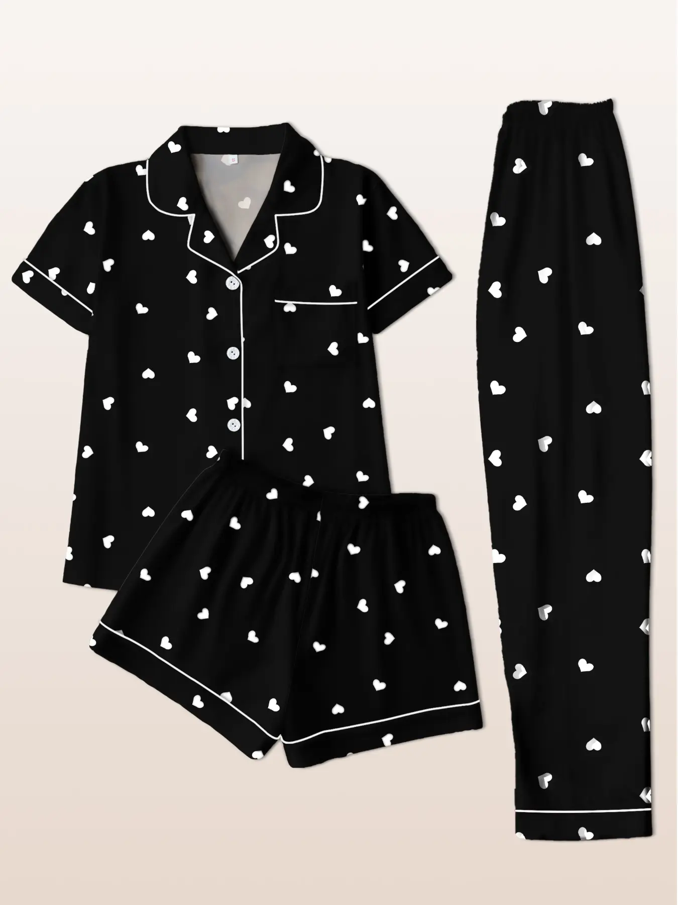 Women's Sleepwear Set, Loungewear Sets, Pajama Set, Short Sleeve Cardigan Top + Shorts + Pants, Heart Peach Print, Casual Fitted All Seasons