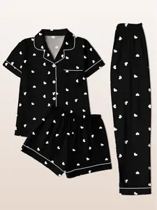 Women's 3-Piece Sleepwear Pajama Set, Spring Summer Fall, Collared Short Sleeve Cardigan Top + Shorts + Pants, Heart Print