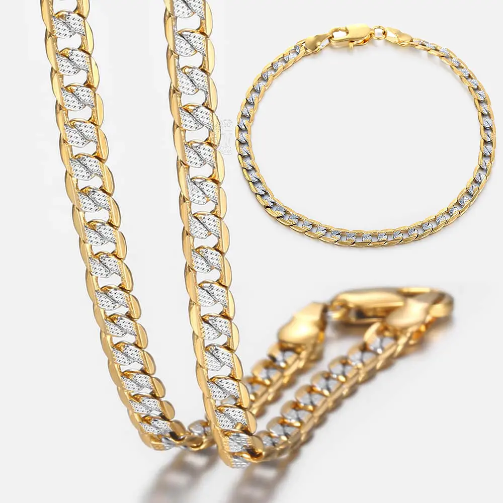 Hermah 4mm Cuban Necklace For Men Women Silver Color Yellow Gold Color Flat Hammered Curb Link Chain Bracelet Jewelry Set 18-24inch