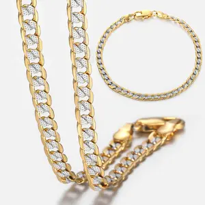 Hermah 4mm Cuban Necklace For Men Women Silver Color Yellow Gold Color Flat Hammered Curb Link Chain Bracelet Jewelry Set 18-24inch