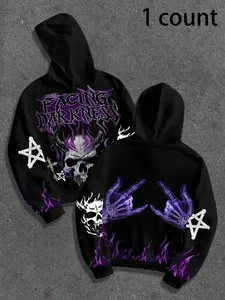 Men's autumn and winter hooded sweatshirt, Graphic print hoodie, with a purple skull pattern print, featuring skull culture, with cord fasteners and kangaroo pocket design, suitable for daily outings, comfortable fabric, street fashion