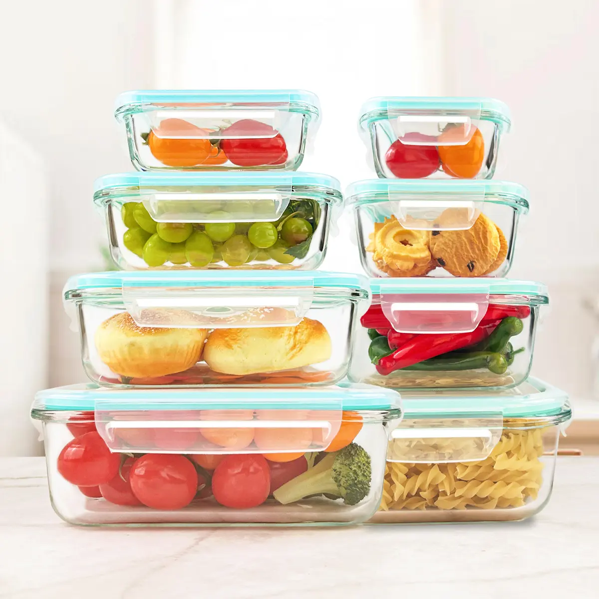 8-Pack Premium Glass Kitchen Storage Containers Set with Airtight Leak-Proof BPA-Free Silicone Lids - Stain-Resistant, Easy-Clean, Stackable, Freshness-Maintaining - Microwave, Oven, Freezer, Dishwasher Safe for Meal Prep, RV Use, Leak Proof Lid, Fridge O