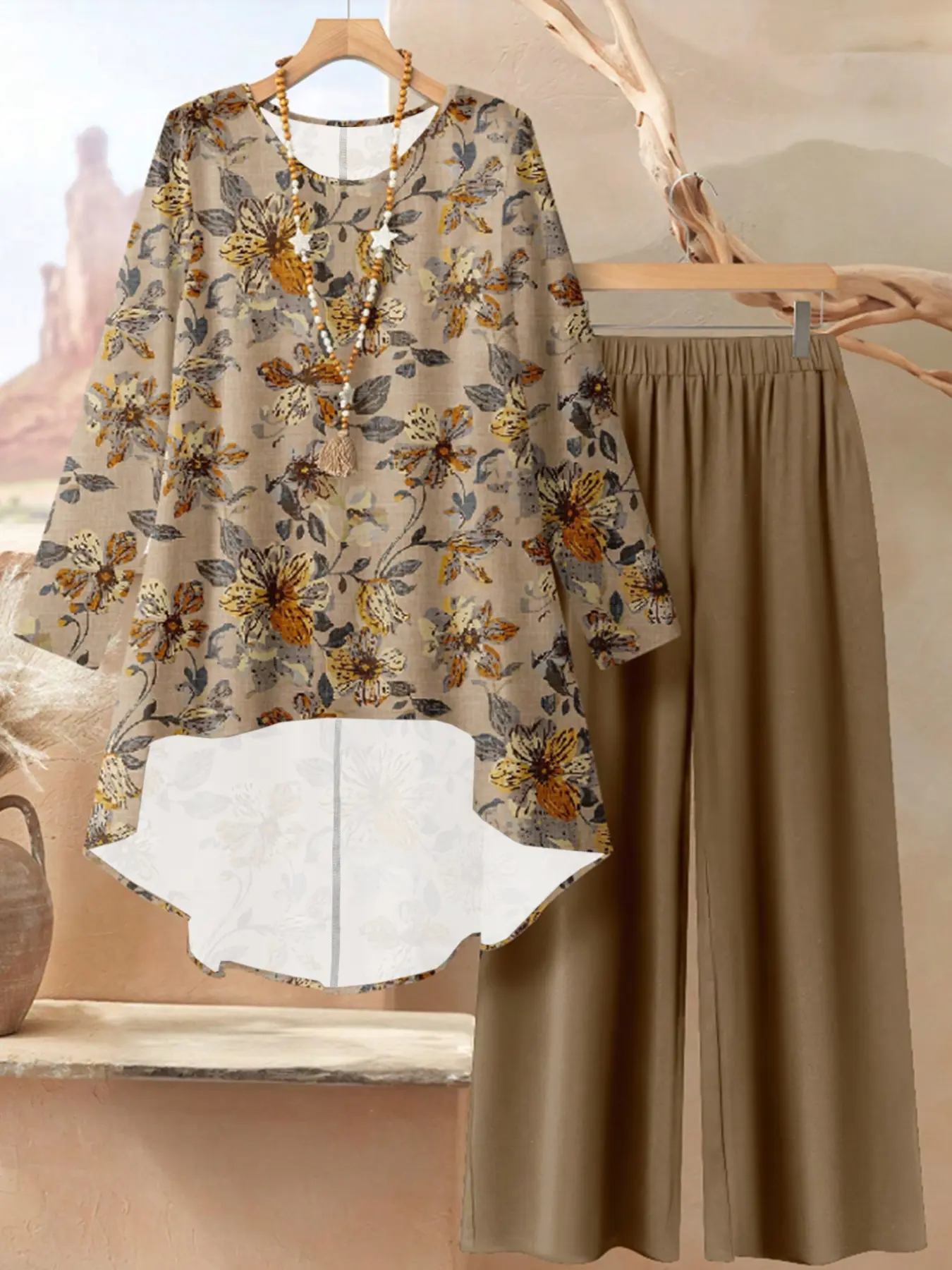 Elegant Plus Size Women's Floral Tunic Shirt & Solid Pants Set, Casual Summer Set Fashion Top & Bottoms, Comfortable Fit for Daily Wear Clothes Set