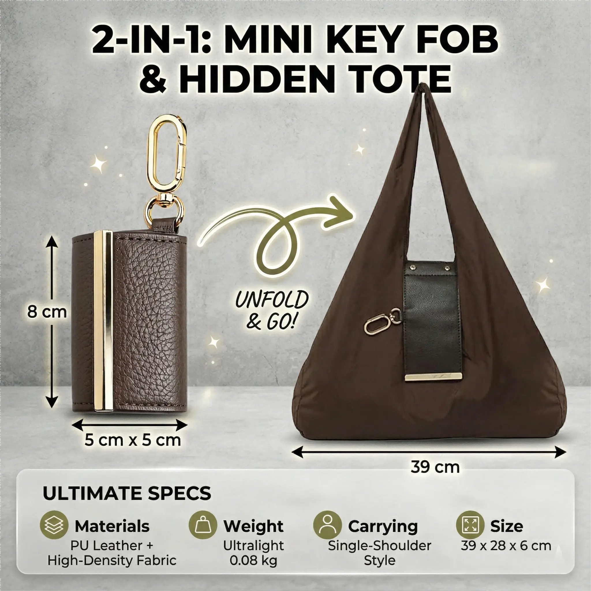 Foldable Reusable Stripes Keychain Shopping Bag - Compact Convenient Expandable Mini Handbag with Snap Hook & Key Ring for Daily Home Organizing Storage, Small