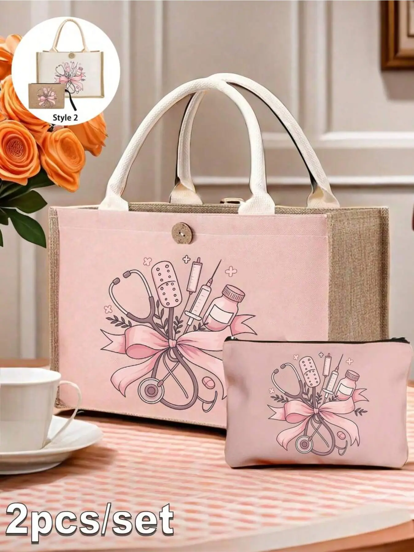 Nurse Theme Pink Handbag & Cosmetic Bag Set, Casual Style, Fabric Structure, Printed With Stethoscope, Heart, Syringe, Thermometer, Pill Patterns, Suitable For Back To School, Vacation, Shoulder & Hand Carry, Unisex, Perfect Gift, Daily Necessity